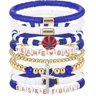 Imagem de Landical 8 pulseiras de basquete para o dia do jogo, pulseiras elásticas com contas de argila Heishi, acessórios de basquete, mamãe, joias, presentes, Contas de disco de argila de polímero, metal