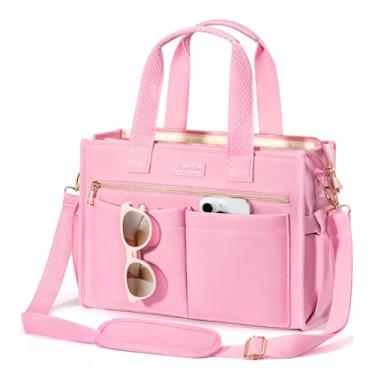 Imagem de Bolsa de lona para mulheres, bolsa transversal grande com 15 bolsos, bolsa bíblica para laptop com zíper para professores, trabalho, viagem, faculdade, M4. rosa, Medium-14inch