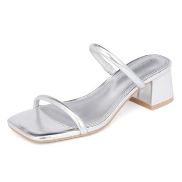 Imagem de Goderci Sandália feminina de salto baixo com bloco grosso, duas tiras, bico aberto, sem cadarço, salto mule, Prata, 38
