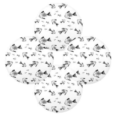 Imagem de Wassud Jogo americano conjunto de 4 tapetes de mesa redondos de esqueletos de peixe pretos para cozinha e jantar tapetes laváveis resistentes ao calor para decoração de mesa 39 cm