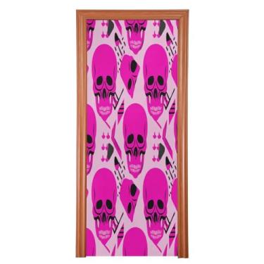 Imagem de Qilmy Decoração de capa de porta 89 x 200 cm tecido grande placa de decoração de festa de Halloween para porta da frente Halloween colorido caveira varanda decoração externa janela parede 515