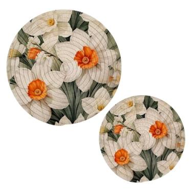 Imagem de Wassud Conjunto de trivet de padrão floral branco para pratos quentes, suportes redondos de algodão, almofadas quentes, porta-copos elegantes, decoração de cozinha e acessórios, 2 peças