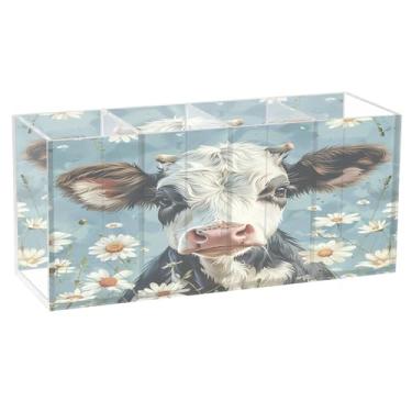 Imagem de CEBUGI Porta-canetas de acrílico com 4 compartimentos, organizador de lápis transparente, suporte de pincel de maquiagem de vaca para escritório em casa, escritório, armazenamento