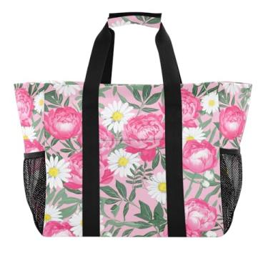 Imagem de Wassud Fresh Peony Sacolas de mercearia reutilizáveis grande bolsa organizadora de lona impermeável para praia, piquenique, lavanderia, viagem