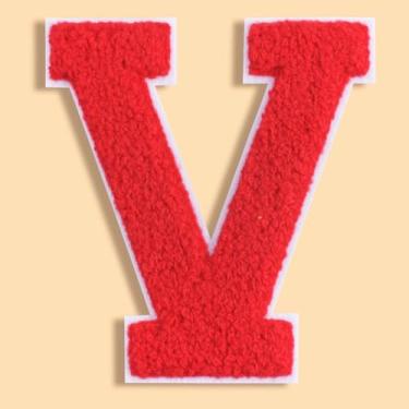 Imagem de QianSiLi Adesivos de letras universitárias de chenille vermelho de 11 cm, letras grandes de ferro para jaquetas Letterman, moletons com capuz, mochilas, coletes, roupas, adesivos individuais de letra
