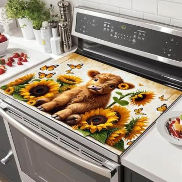 Imagem de HOMETITUTE Highland Capa superior de fogão de bezerro para decoração de cozinha de diatomita elétrica de 71 x 50 cm, protetor de fogão de vidro resistente ao calor, tapete de bancada com design de