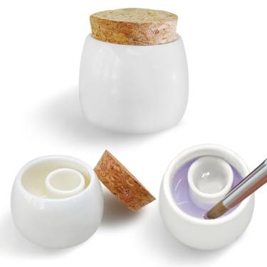 Imagem de Copo de limpeza de escova de unhas de cerâmica, copo de solução de escova multifuncional de uso duplo com tampa, copo de unha para limpador de escova de unhas, líquido acrílico, mistura de pó acrílico