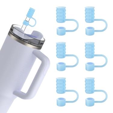 Imagem de 6 peças de tampas de palha de silicone de 10 mm compatíveis com Stanley Cup 40 e 850 g, tampas de palha reutilizáveis à prova de poeira para copo com alça, azul translúcido