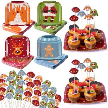 Imagem de Potchen Conjunto de 200 peças de pratos de papel e bandeiras de palito de gengibre descartáveis de papai noel, suéter feio decorações de festa de Natal suprimentos para pizza sobremesa biscoitos