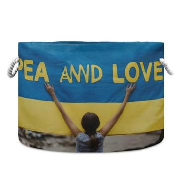 Imagem de JUZIHAI Cesto de armazenamento dobrável Peace and Love, cesto de roupa suja para bebê, cobertor com alças de corda de algodão, caixa organizadora de armário dobrável para quarto, berçário, casa, 50 x