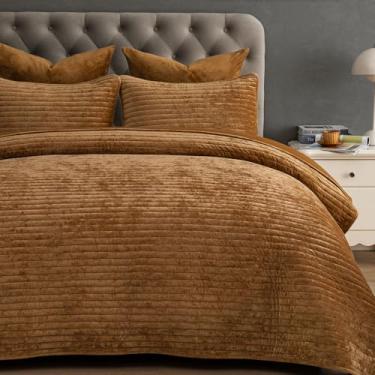 Imagem de PHF Conjunto de colcha de veludo luxuoso, tamanho solteiro – 2 peças ultramacias com canal listrado, colcha acolchoada aconchegante, presente de herança, 1 cobertor com 1 fronha combinando, 172 cm x