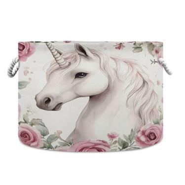 Imagem de JUZIHAI Cesta de armazenamento dobrável de unicórnio, cesto de roupa suja para bebê, cobertor com alças de corda de algodão, caixa organizadora de armário dobrável para quarto, berçário, casa, 50 x 35