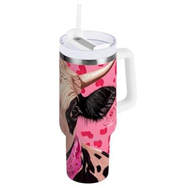 Imagem de ODAWA Copo isolado duplo de rosas rosa vaca com alça e tampa de palha, copo isolado grande