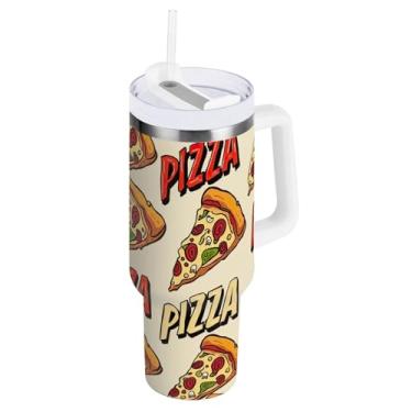 Imagem de ODAWA Copo grande com isolamento de pizza bege vermelho com alça e tampa de palha, copo isolado de aço