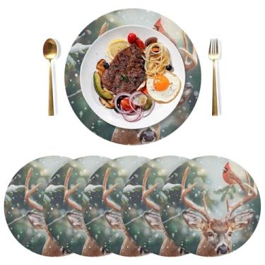 Imagem de Jogo americano círculo de veado e pássaro, conjunto de 6 jogos americanos laváveis para cozinha, mesa de jantar, 38 cm, tapetes de mesa redondos de PVC para ambientes internos