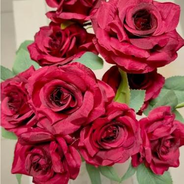 Imagem de Rosa de Diamante Artificial com 9 Flores Grandes – Buquê de Seda para Casamento e Decoração(2,Vermelho Escuro)