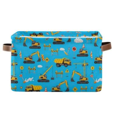 Imagem de Cesta de armazenamento de 36 cm com alças – Caixas de armazenamento decorativas retangulares dobráveis para escritório em casa, quarto, veículos de construção amarelos, 1 pacote