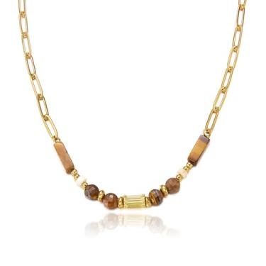 Imagem de Harlermoon Colar de olho de tigre, pingente de pedra marrom, dourado, boêmio, grosso, ajustável, joia delicada para mulheres, Medium, Metal, Sem Pedra Preciosa