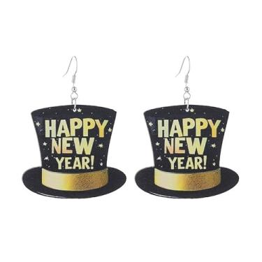 Imagem de Brincos de Feliz Ano Novo 2026 com glitter, taça de vinho, champanhe, chapéu, fogos de artifício, brincos pendurados, véspera de Ano Novo, Natal, festivo, festa, acessório, joias, presentes, Small