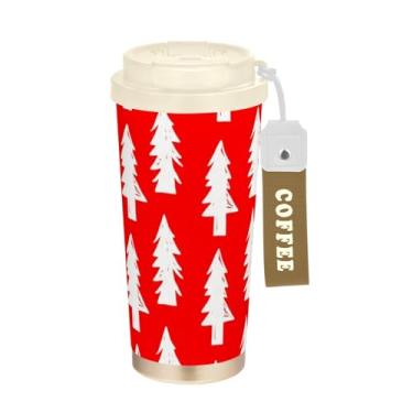 Imagem de Copo de café branco para árvores de Natal vermelho, 473 ml com canudo e tampa, copo de parede dupla isolado a vácuo com revestimento cerâmico para escola, escritório, festa, acampamento