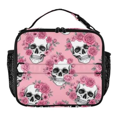 Imagem de Joisal Lancheira com caveiras pretas e brancas flores rosa para mulheres, lancheira personalizada para meninas, crianças, homens, lancheira para trabalho, linda bolsa térmica de alimentos rosa para