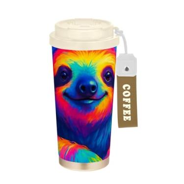 Imagem de TSENQUE Caneca de café de viagem de 473 ml com revestimento cerâmico, copo de café de aço inoxidável com tampa e canudo, copo isolado a vácuo, preguiça fofa colorida