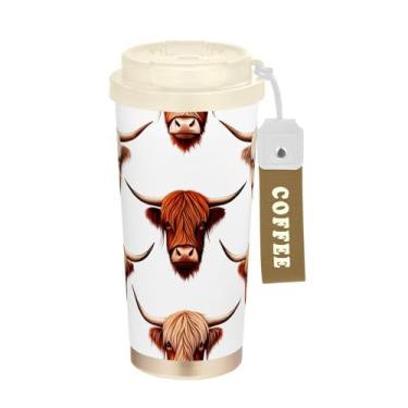 Imagem de TSENQUE Copo de café de viagem de 473 ml com tampa de canudo e filp, caneca de café de aço inoxidável isolada a vácuo com revestimento cerâmico, à prova de vazamento, chifres de vacas das terras altas