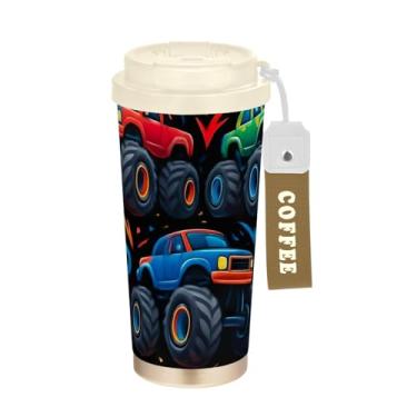 Imagem de TSENQUE Copo de café de 473 ml com tampa de canudo e filp, copo de parede dupla isolado a vácuo com revestimento cerâmico, Cool Monster Trucks preto