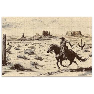 Imagem de Cowboy Rides Cavalo Deserto Vintage Adulto Quebra-cabeça 1000 Peças Família Brinquedo Arte Paisagem Quebra-cabeça Jogo Presentes