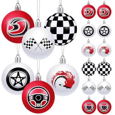 Imagem de 24 peças com tema de carro de corrida de 5 cm, decoração de bola de Natal, sala de estar, jardim, conjunto de enfeites de árvore de Natal inquebráveis, pingente de bola pequena para suprimentos de
