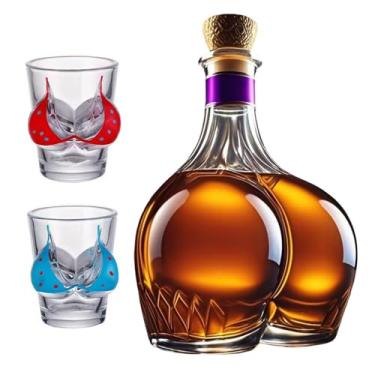 Imagem de Garrafa de uísque divertida de 293 ml, garrafa de vinho de vidro com 2 copos, soprada à mão, personalizada, à prova de vazamento, para festas em casa, decoração de bar, presente exclusivo para homens