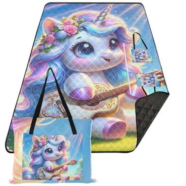 Imagem de TSENQUE Tapete de praia bonito de unicórnio, guitarrista, sem areia, impermeável, para uso ao ar livre, tapete grande, cobertor de piquenique, fofo, 203 x 152 cm