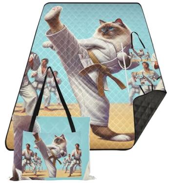 Imagem de TSENQUE Cobertor de praia engraçado de gato de karatê à prova d'água acessórios de piquenique floral dobrável cobertor de acampamento para grama 203 x 152 cm