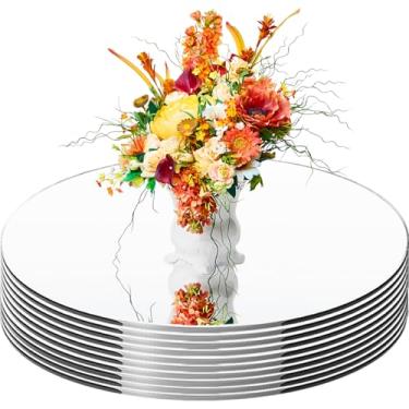 Imagem de Telhas espelhadas redondas de 30,5 cm para centros de mesa, 9 peças, bandejas de espelho, espelhos redondos planos para mesas, peças centrais de espelho, placas de vela de espelho circular para mesas