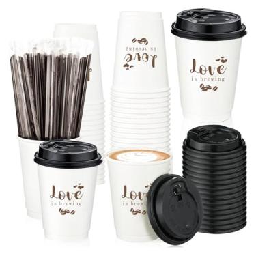 Imagem de JarThenaAMCS 50 peças de copos de café descartáveis Love is Brewing com tampas Copo de papel de grão de café de palha para casamento, noiva, chuveiro, casa, escritório, artigos de festa, 400 ml