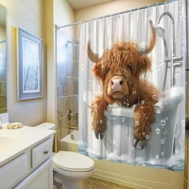 Imagem de Cortina de chuveiro engraçada de vaca Highland fofa bezerro animal de fazenda gado na banheira banho marrom bolha rústica fazenda meninos meninas conjunto de acessórios de banheiro poliéster com