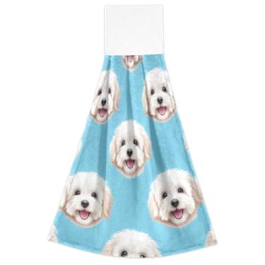 Imagem de Toalhas de mão penduradas para cozinha, rostos de cachorro fofos, toalhas de dedo de forno azul conjunto de 2, toalhas de cozinha macias e absorventes fofas, decorativas, 46 x 35 cm
