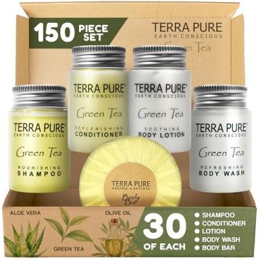 Imagem de Terra Pure Hotel Soaps and Toiletries Bulk Set | 1-Shoppe All-In-Kit Amenities for Hotels | 1oz Hotel Shampoo & Conditioner, Body Wash, Body Lotion & 1.25oz Bar Soap Travel Size | 150 Pieces