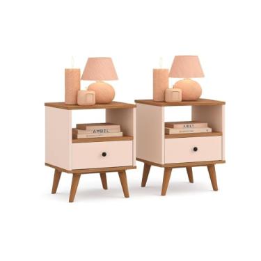 Imagem de Kit 2 Mesas de cabeceira OffWhite quarto 1 gaveta e um Nicho pés palito Ted