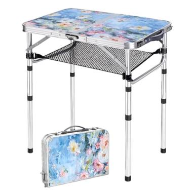 Imagem de Mesa lateral para uso externo, portátil com 3 alturas ajustáveis, mesa dobrável de alumínio para pátio, mesa lateral para ambientes externos, mesa de canto de café para varanda e jardim (Provence