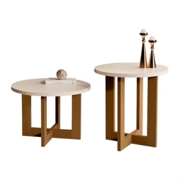 Imagem de Conjunto 1 Mesa Lateral e 1 Mesa De Centro Redonda Madeira Estilo Retrô Para Sala De Estar Decoração (Bege/Nature)