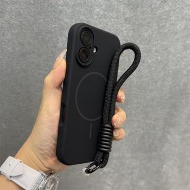 Imagem de Capa de silicone líquido Candy para iPhone 16, 15, 14 Plus, 13, 12 Pro Max, macia, à prova de choque, com alça magnética, preta, para iPhone 14