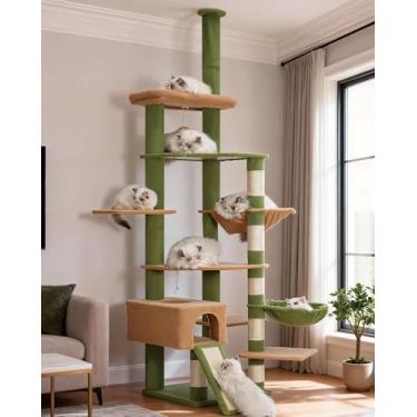 Imagem de Heybly Árvore para gatos de 92,5 a 104,3 polegadas com rede, condomínio de cacto do chão ao teto, torre de escalada de gato alto ajustável com postes para arranhões para gatos internos, verde e