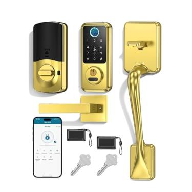 Imagem de Hornbill Fechadura inteligente para porta da frente, fechadura de porta de entrada sem chave com maçaneta, fechadura inteligente para casa/casa nova, trava automática, ouro escovado