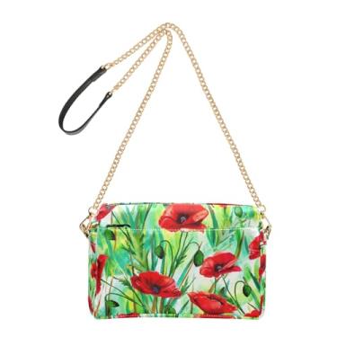 Imagem de Joitme Bolsa tiracolo feminina com flores vermelhas vibrantes bolsa verde para celular bolsa de ombro com alça de corrente de couro PU
