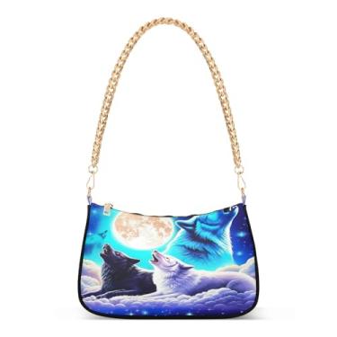 Imagem de Bolsa de ombro de corrente estrelada azul lobo legal roxo lua artística Hobo bolsa para mulheres, bolsa média moderna clutch noite satchel