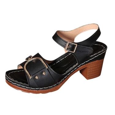 Imagem de Sandálias femininas modernas, casuais, versáteis, com fivela de boca de peixe, estilo primavera e verão, salto grosso, salto alto, Preto, 35
