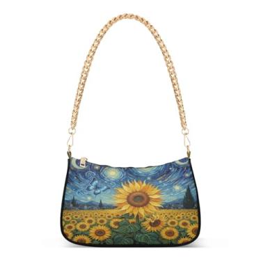 Imagem de Bolsa de ombro com corrente de aquarela de flores coloridas, bolsa Hobo com estampa artística de girassol para mulheres, bolsa para uso diário e noite