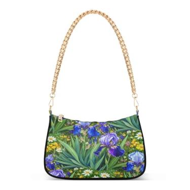 Imagem de Bolsa de ombro vibrante com corrente azul roxa e verde, estampa floral artística para mulheres, bolsa clutch Hobo versátil