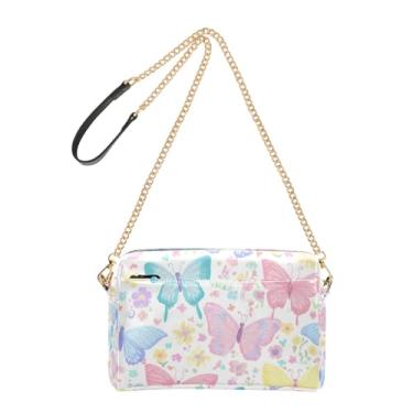 Imagem de Joitme Bolsa feminina transversal para celular, alça de corrente, bolsa de ombro de couro PU, estampa de borboletas pastel, flores